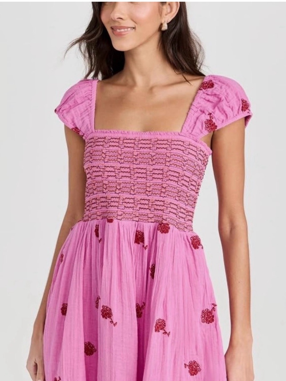 Free People Pink Mini Dress with Red Floral Embroidery
